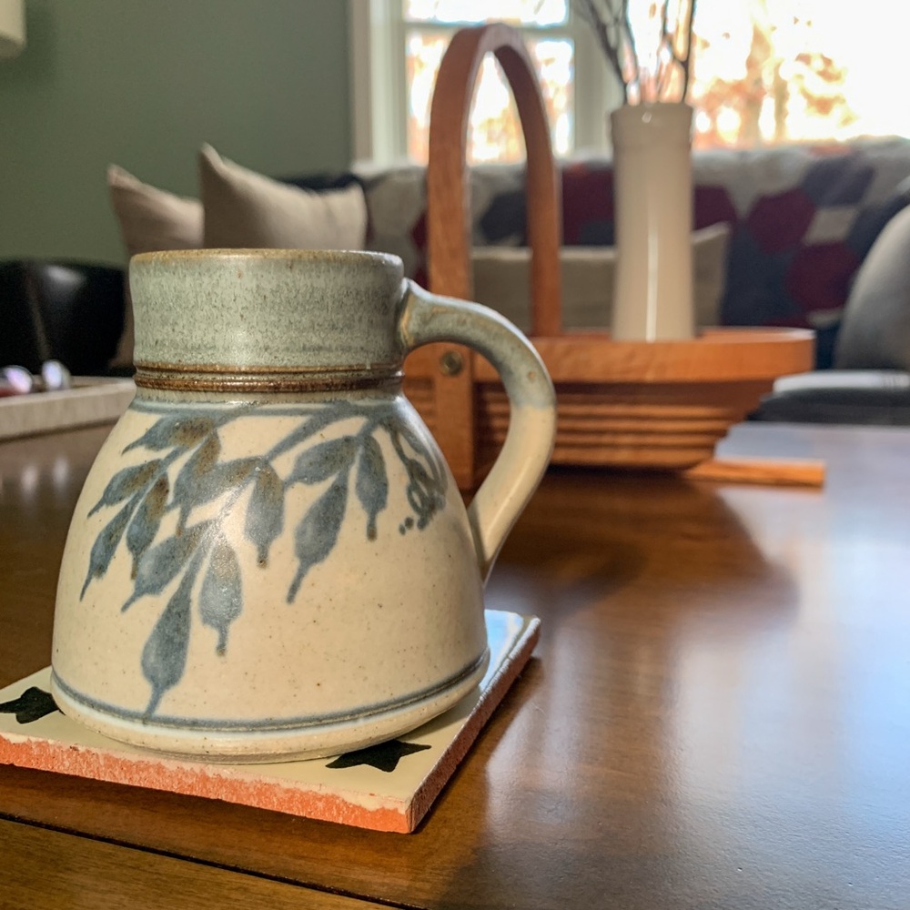 Handmade Blue and Gray Speckled Stamped Pottery No Spill Mug Artisan Ceramic